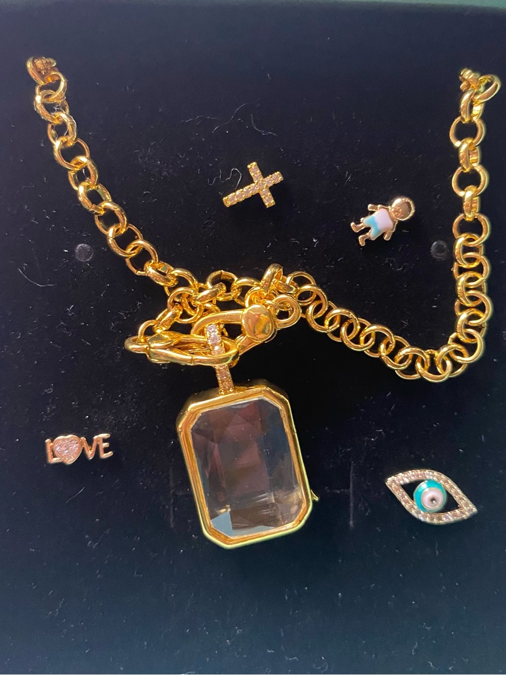 Gold Glass Pendant Charm Necklace - Gold Plated Chain With 4 Charms